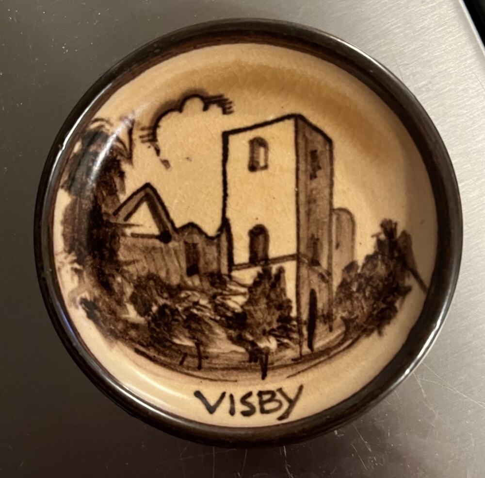 Vintage Swedish Visby Ruin Signed Glazed Pottery Trinket Dish Plate Wall Hanging